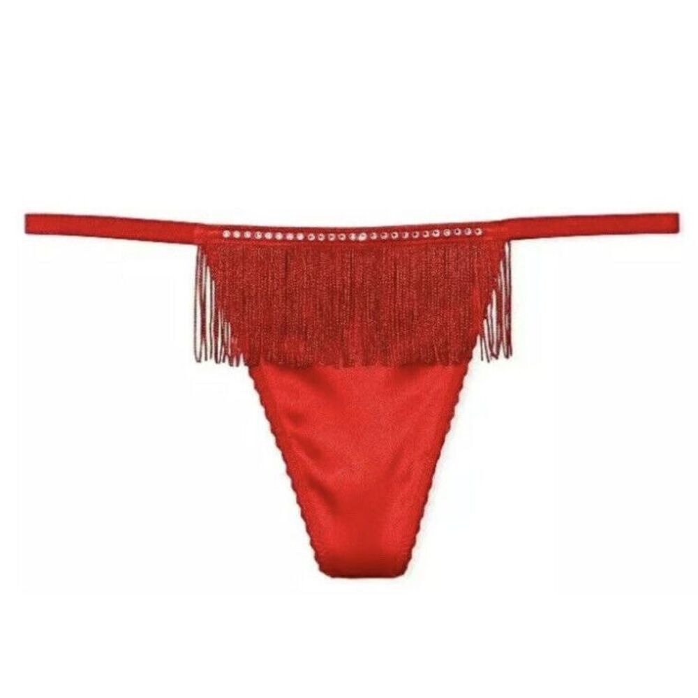 Victoria's‎ Secret Very Sexy Red Satin Fringe V-string Thong Panty Sz S